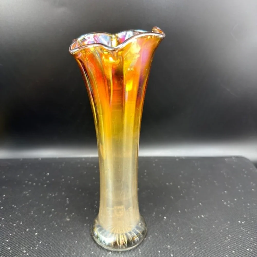 Vintage Marigold Carnival Glass‎ Iridescent Ruffled Trumpet Vase 8 Inch Sunburst
